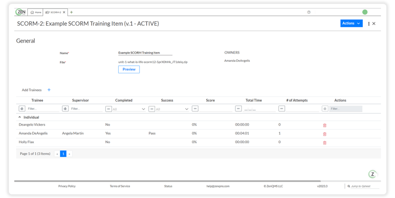 a screenshot of the SCORM dashboard in ZenQMS